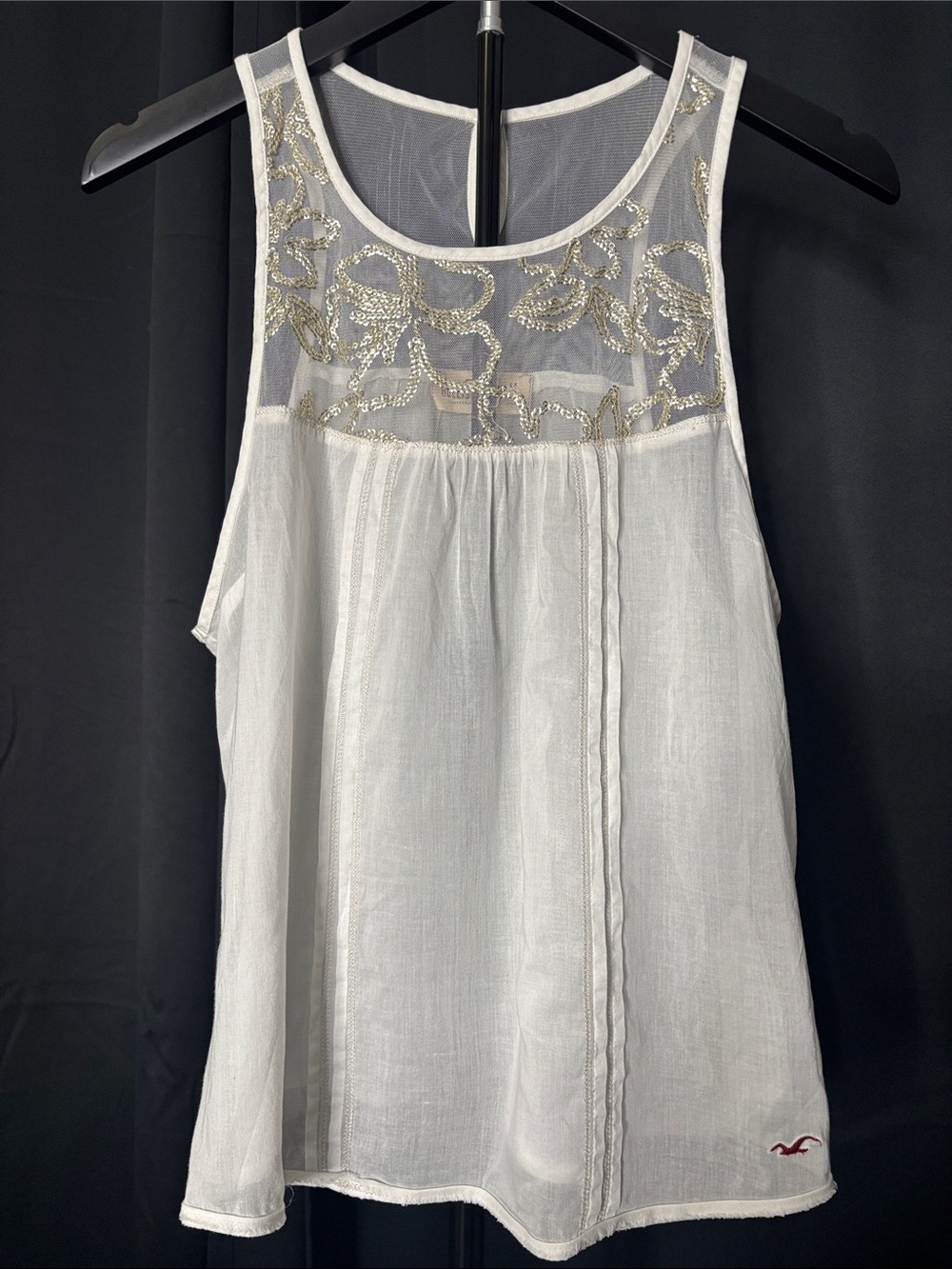 Hollister White Sheer Yoke Embellished Tank